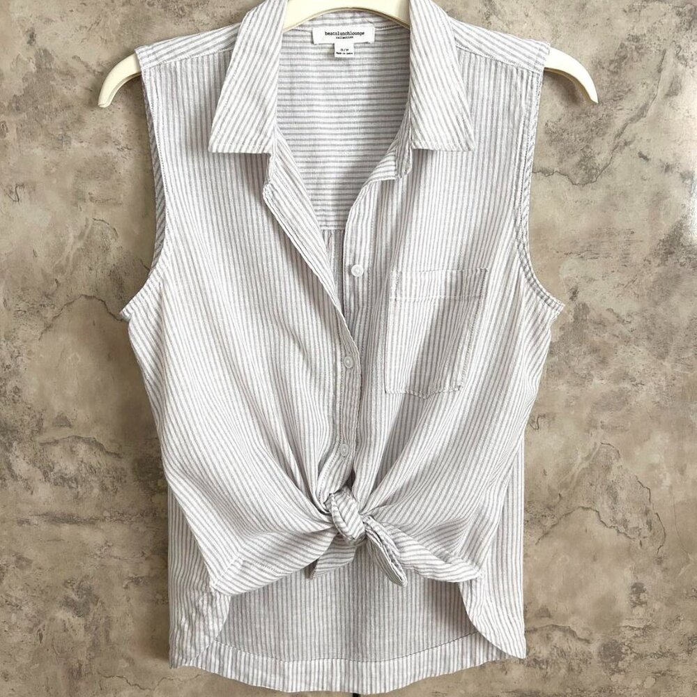 Beachlunchlounge Striped Button Down Shirt - Gray and White